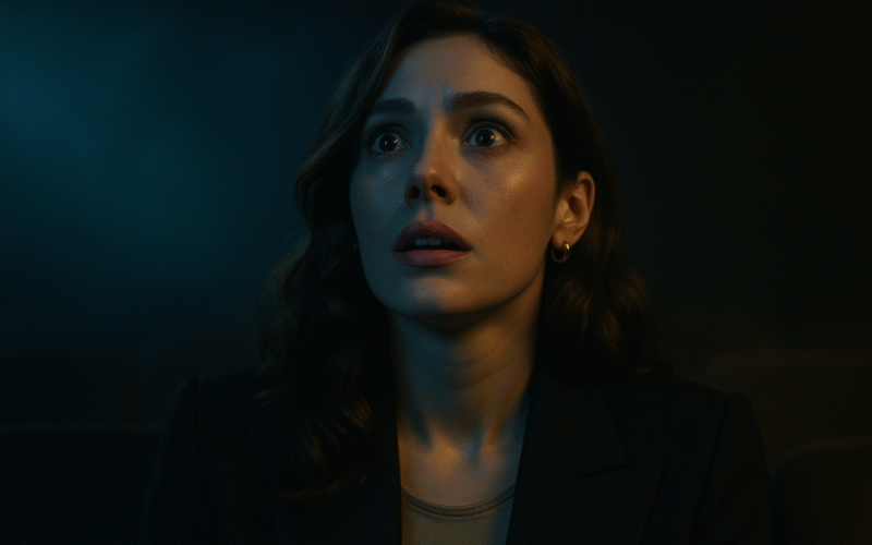 Retrato editorial mujer observando la pantalla del cine, películas de terror y bienestar emocional