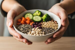 Tendencias de alimentación 2026 Manos humanas presentando alimentos naturales, representando la alimentación funcional y la conexión consciente con la comida.