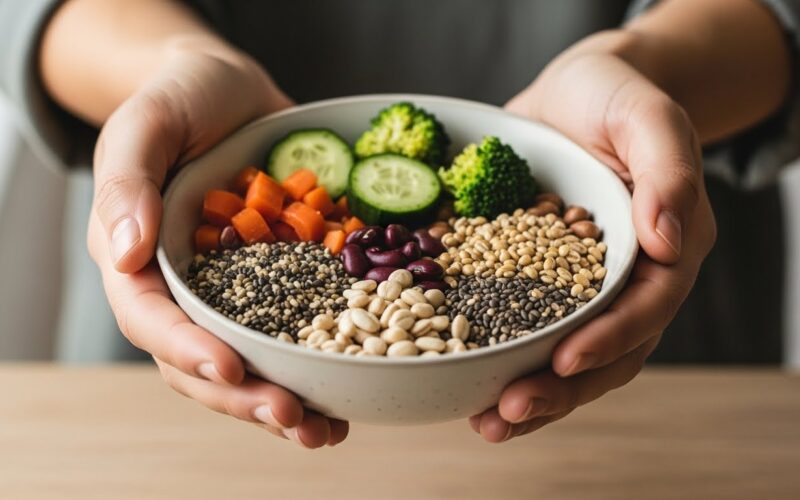 Manos humanas presentando alimentos naturales, representando la alimentación funcional y la conexión consciente con la comida.