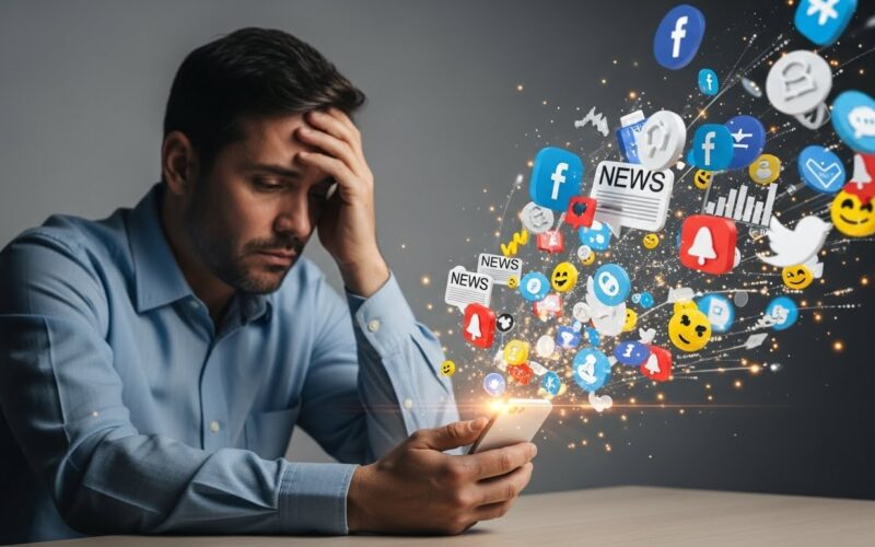 Hombre mirando su teléfono mientras una avalancha de información digital emerge de la pantalla, representando la sobrecarga informativa y el agotamiento emocional.