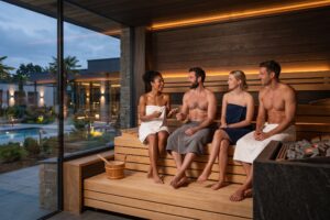 Wellness clubs: el tercer espacio donde tu cuerpo se recalibra People_talking_in_modern_sauna_202607191744