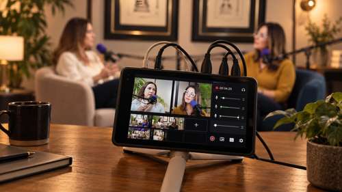 Grabación de un episodio de La Salye Podcast, con Fernanda La Salye conversando con una invitada.